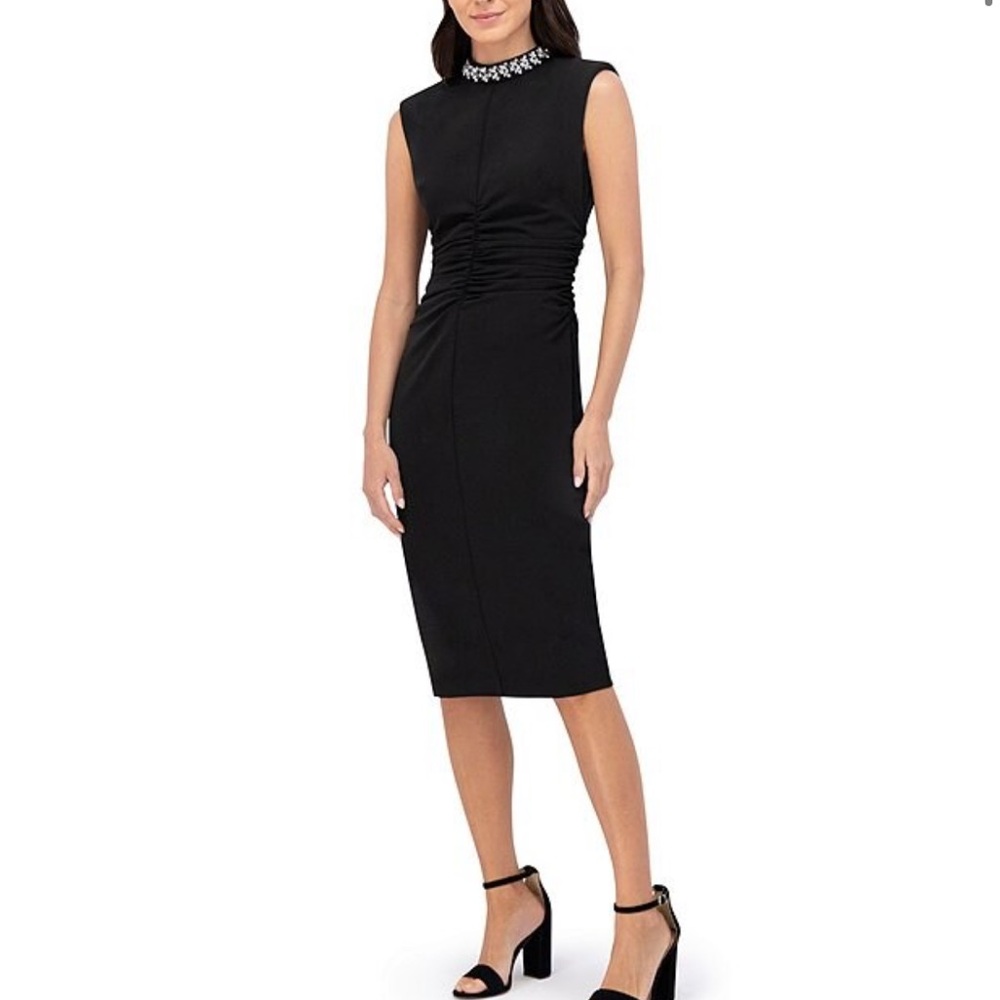 NWT Eliza J Laguna Crepe Beaded Mock Neck Sleeveless Ruched Midi Dress Sz 12Tall